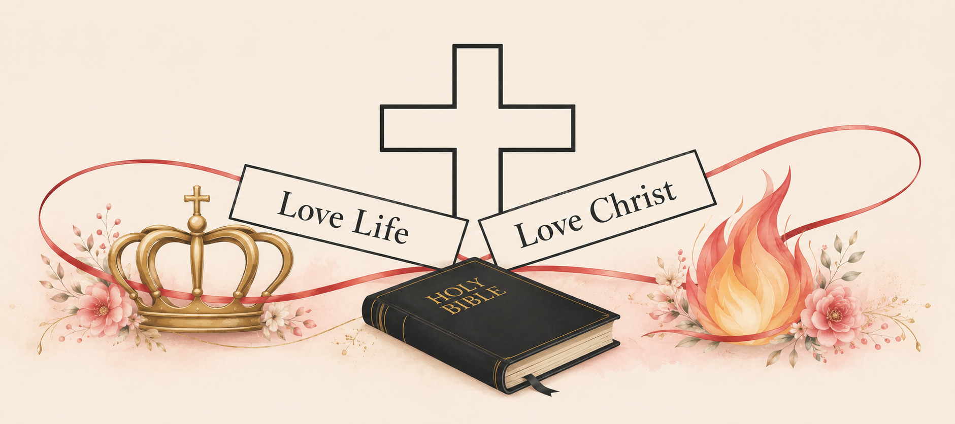 Proverbs 31 Woman logo banner — cross, crown, Holy Bible, and flame with Love Life, Love Christ ribbon